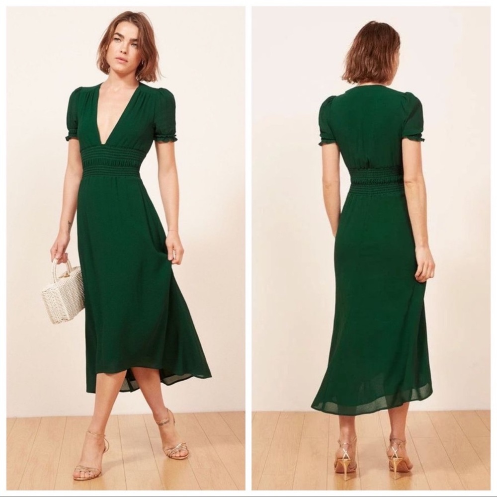 Reformation Emerald Green Dane Midi Short Puff Sleeve Dress XL